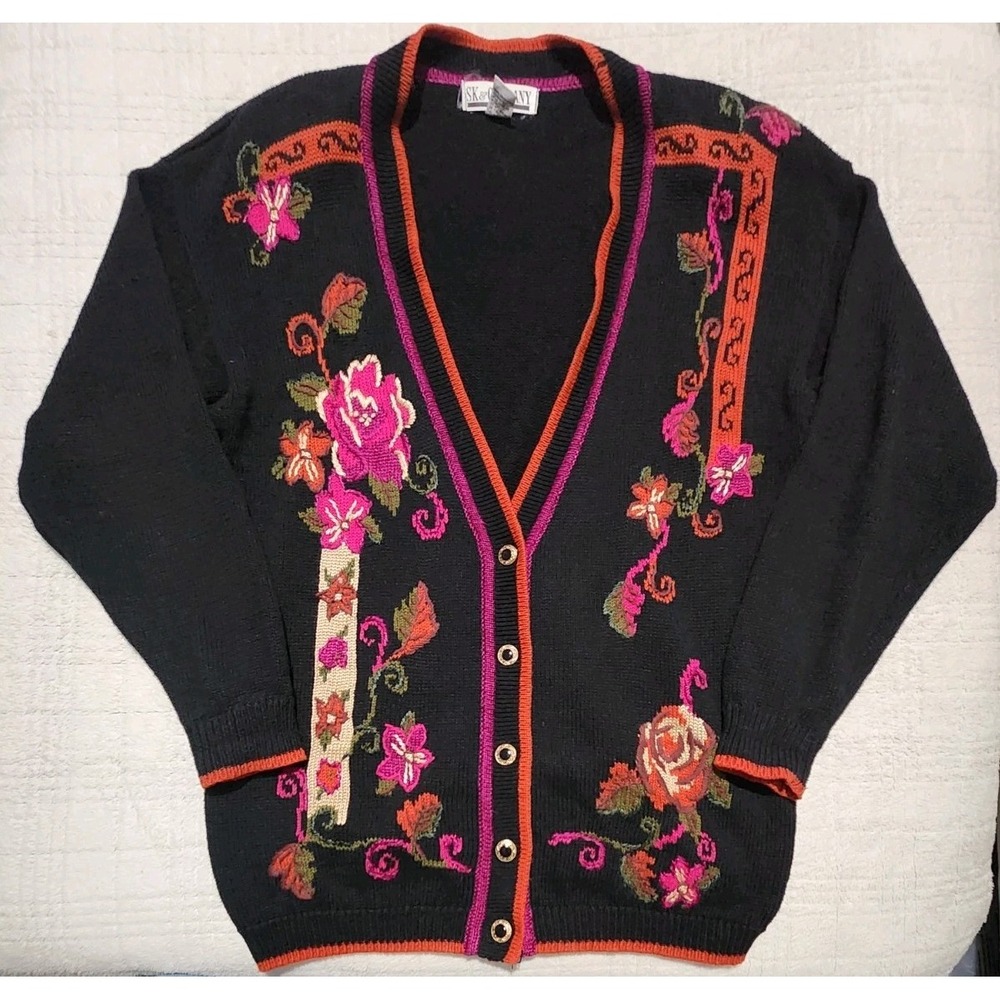 SK & Company  Cardigan Sweater Womens SZ M Floral Embroidered Black Gold Buttons